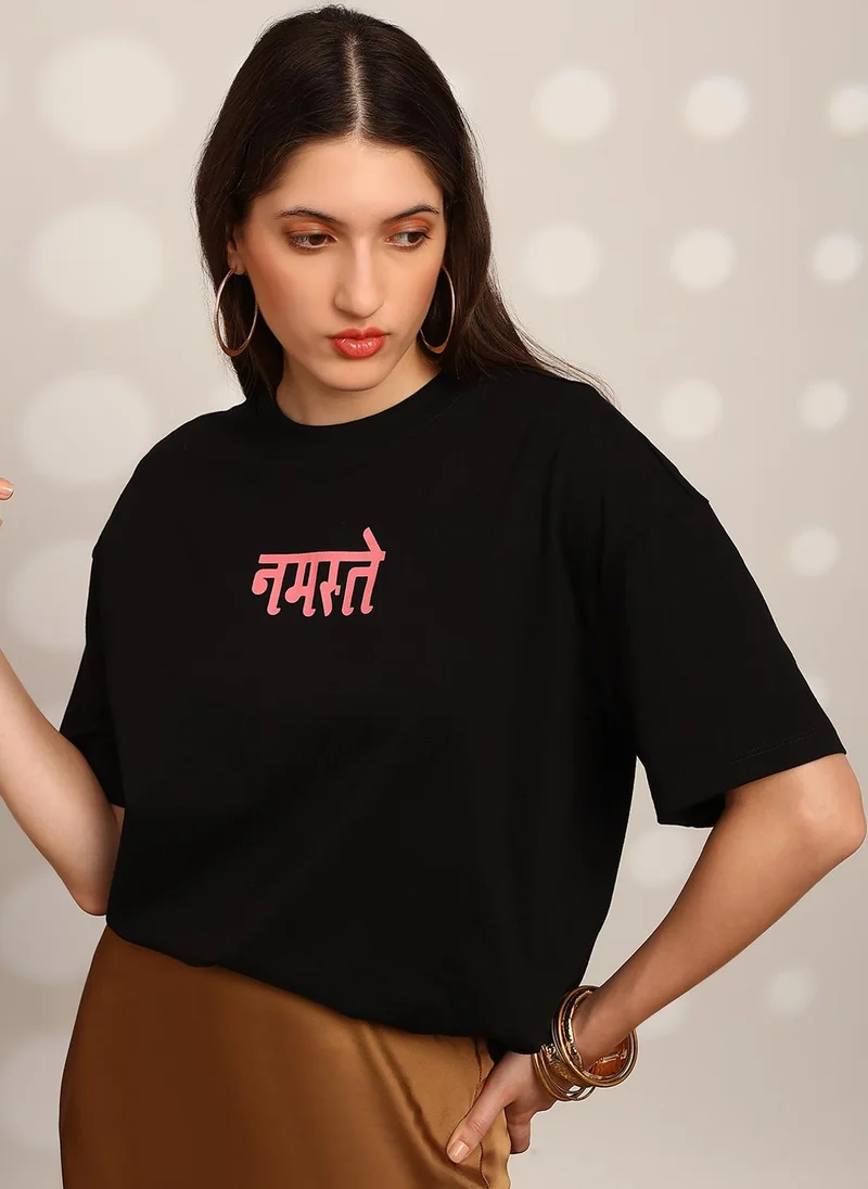 جلو باص Globus Women Black Graphic Print Round Neck Drop Shoulder Sleeves Oversized T-Shirt